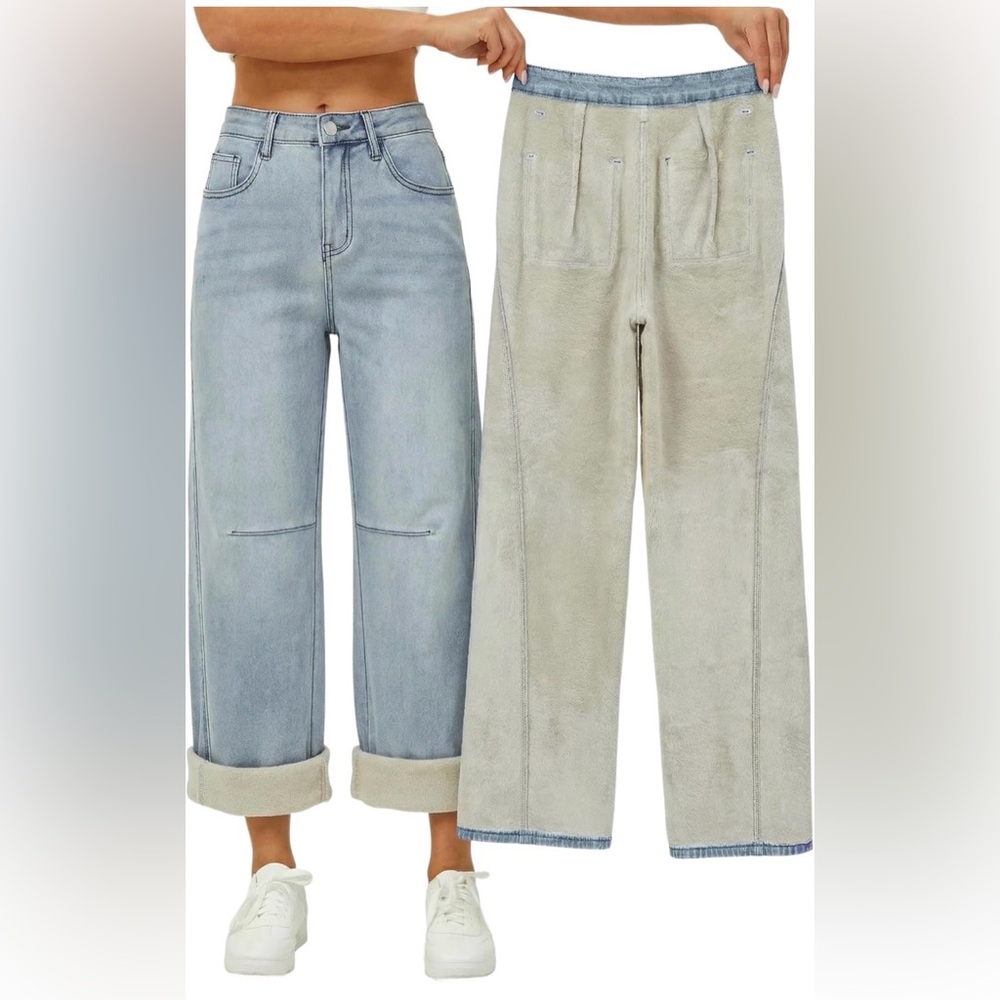 Fleeced Lined Jeans - Light Wash & Cream